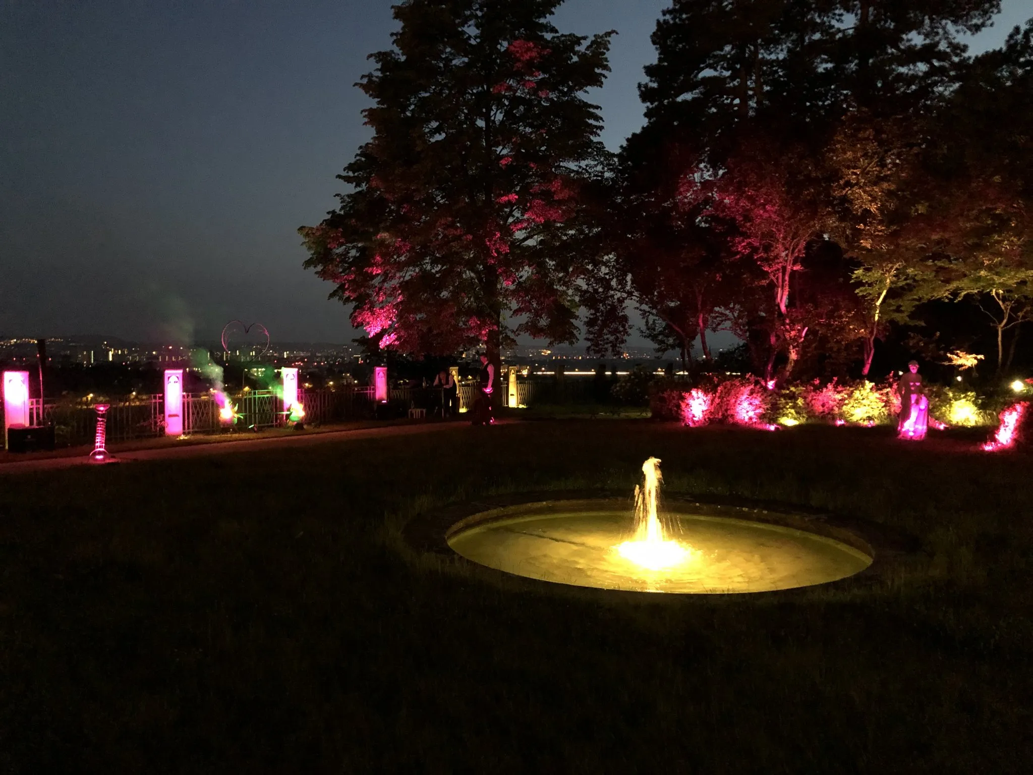 Beleuchteter kleiner Springbrunnen auf einem Rasen bei Nacht, Bäume in pinkem Licht, im Hintergrund die Lichter der Stadt