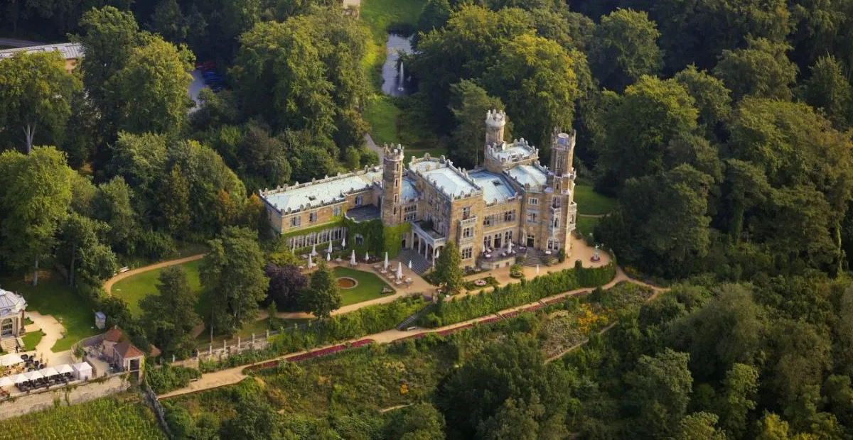 Schloss Eckberg von oben: das helle Schloss mit Türmen im bewaldeten Park über den Weinbergen