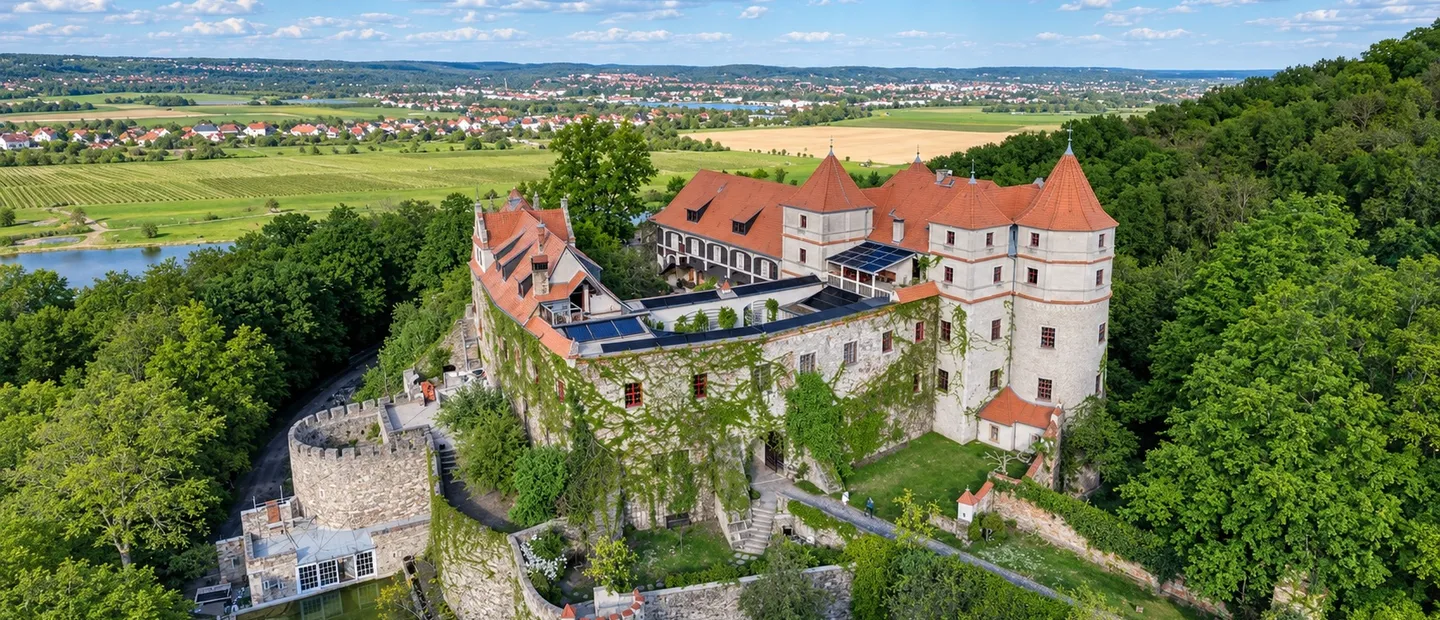 Schloss Scharfenberg von oben: die Anlage mit roten Ziegeldächern, Rundturm und Ringmauer auf einem bewaldeten Hang, dahinter Felder, ein Ort und ein Gewässer im Tal